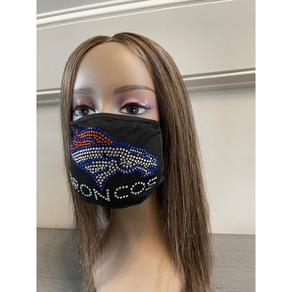 Denver Broncos Bling Rhinestone Face Mask Front Logo Clear Letters - Picture 5 of 10